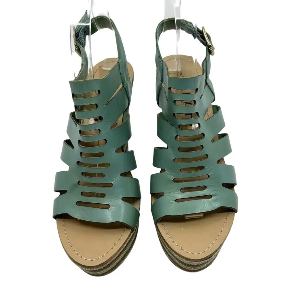 Anna Luz Leather Open Toe Wedge Women's Size 7 Teal Blue Green Sandals Brazil